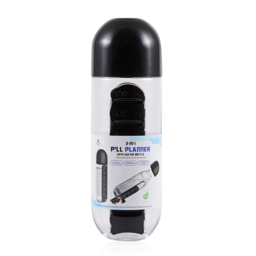 2-in-1 Pill Planner Water Bottle- Black, 20oz